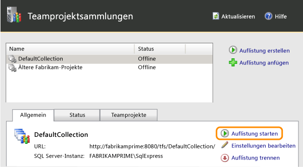 Auflistungen bleiben offline, bis sie gestartet werden.