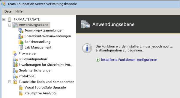 Nach Wiederherstellung der Datenbanken TFS konfiguieren