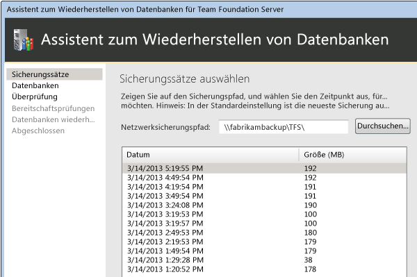 Den Netzwerkpfad und dann den Wiederherstellungssatz auswählen