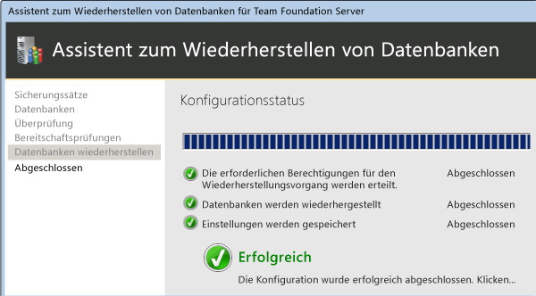 Die Datenbank werden auf dem neuen Server wiederhergestellt.