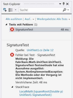 Komponententest-Explorer zeigt einen fehlerhaften Test an