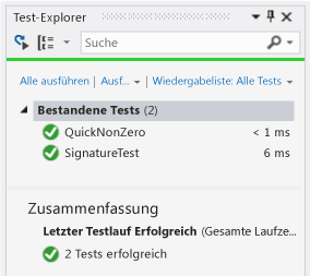 Komponententest-Explorer mit zwei bestandenen Tests