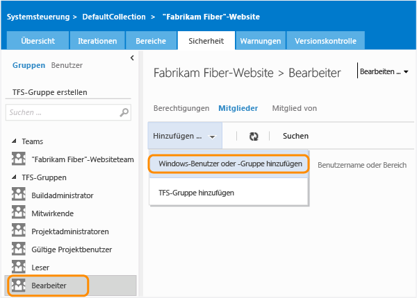 Dialog zum Hinzufügen von Mitgliedern zur TFS-Gruppe öffnen