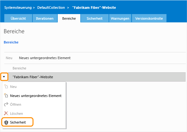 Link "Sicherheit" im Kontextmenü für den Bereichspfad