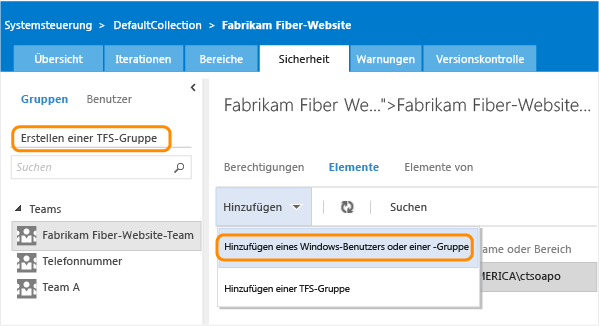 Link "TFS-Gruppe erstellen" auf der Sicherheitsverwaltungsseite