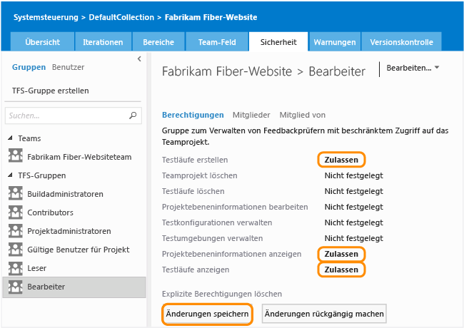 Berechtigungsansicht, Bearbeitergruppe auf der Seite "Sicherheit"