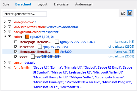 Die Registerkarte "Berechnet" nach der Aktualisierung der CSS-Formatvorlage