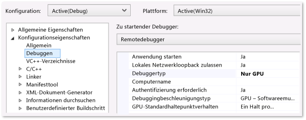 Debugging-Eigenschaftsseite für C++ Windows Store-App