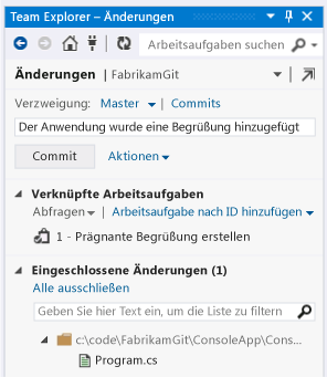 Seite "Änderungen" in Team Explorer