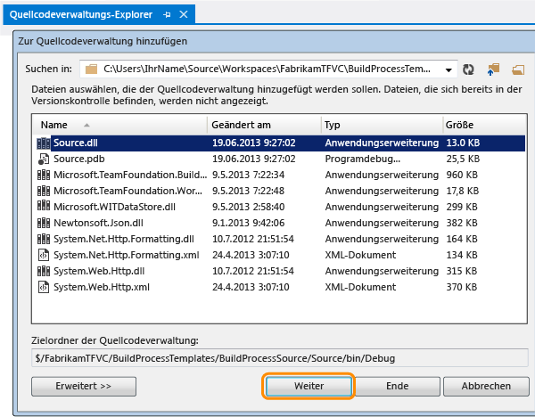 Buildprozess-Binärdatei zu TFVC-Versionskontrolle hinzufügen