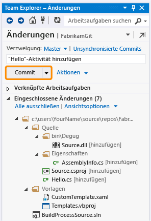 Schaltfläche "Commit" auf der Seite "Änderungen"