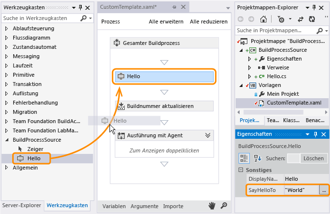 Eine Buildprozessvorlage wird von einer Lösung aus bearbeitet