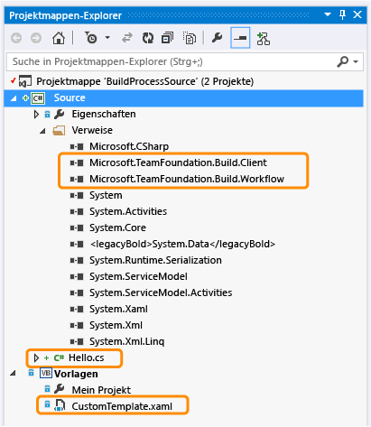 Beispiel einer Projektmappe für einen benutzerdefinierten Buildprozess