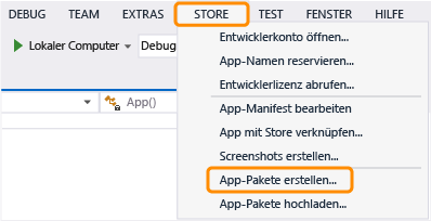 Das Menü "Store" in Visual Studio Express 2013