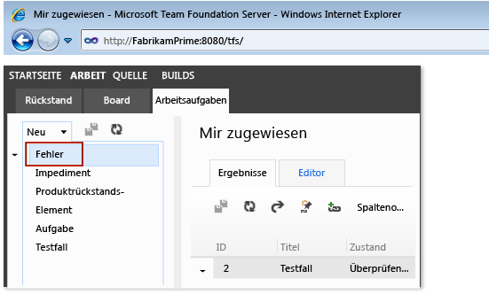 Erstellen eines neuen Fehlers mit Team Web Access