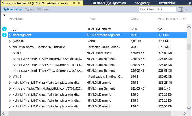 Momentaufnahmendetails mit Anzeige potenzieller Probleme