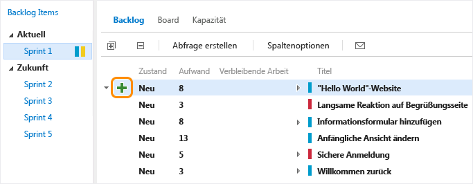 Einem Element im Sprint-Backlog eine Aufgabe hinzufügen