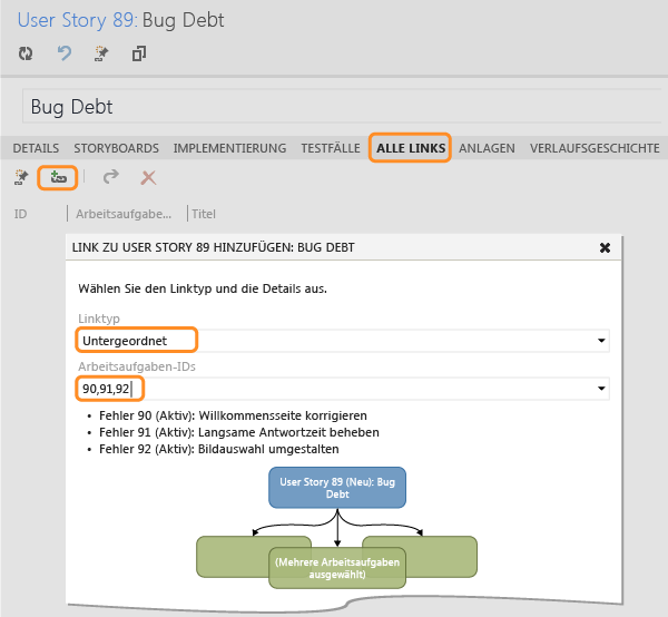 Mehrere Fehler mit einer User Story verknüpfen