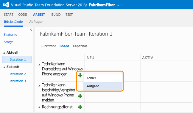 Taskboard mit Fehlerarbeitsaufgaben-Typ wurde hinzugefügt