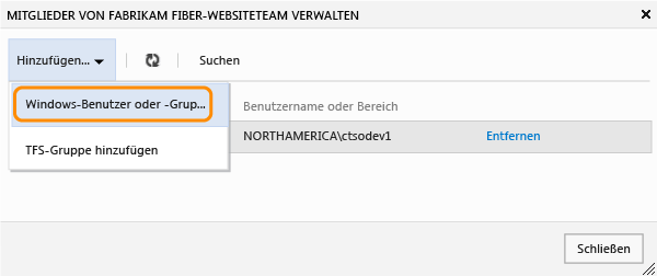 Windows-Konten oder eine TFS-Gruppe zum Hinzufügen wählen