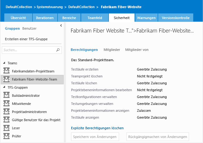 Standardberechtigungen für Teammitglieder