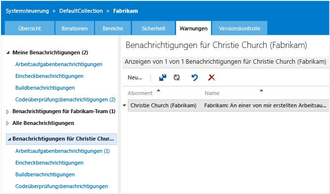 Für ein anderes Teammitglied definierte Warnungen