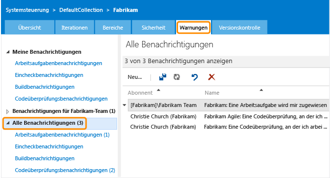 Anzeigen sämtlicher für ein Teamprojekt definierten Warnungen