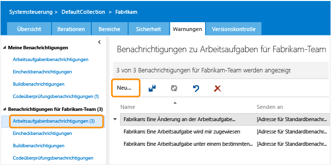 Link zu Arbeitsaufgabenwarnungen auf der Warnungsverwaltungsseite