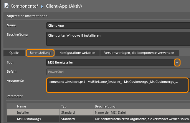Seite "Komponente", Registerkarte "Bereitstellung"