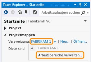 Verwalten von Arbeitsbereichen aus dem Team Explorer