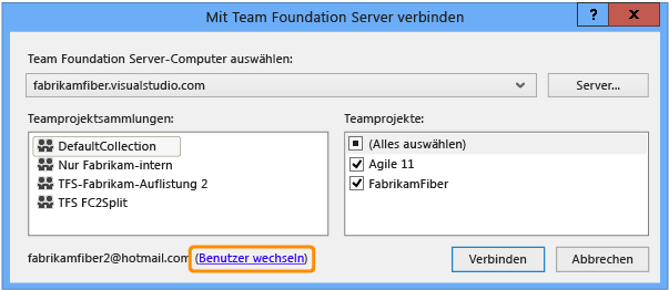 Dialogfeld "Verbindung mit Team Foundation Server herstellen"