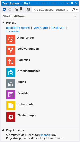 Startseite für Team Explorer mit Git als Quellcodeverwaltung