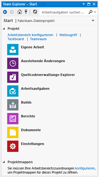 Team Explorer-Startseite mit TFVC als Quellcodeverwaltung
