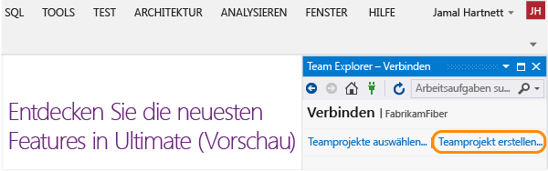 Link "Neu" auf Seite "Verbinden" (Team Explorer)