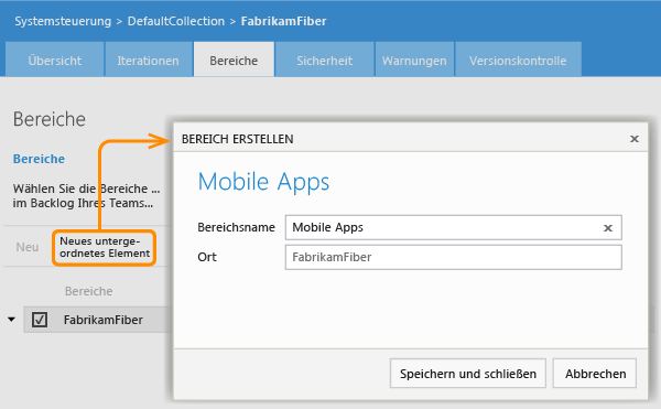 Link "Neues untergeordnetes Element" auf der Bereichsseite, Dialogfeld "Bereich erstellen"