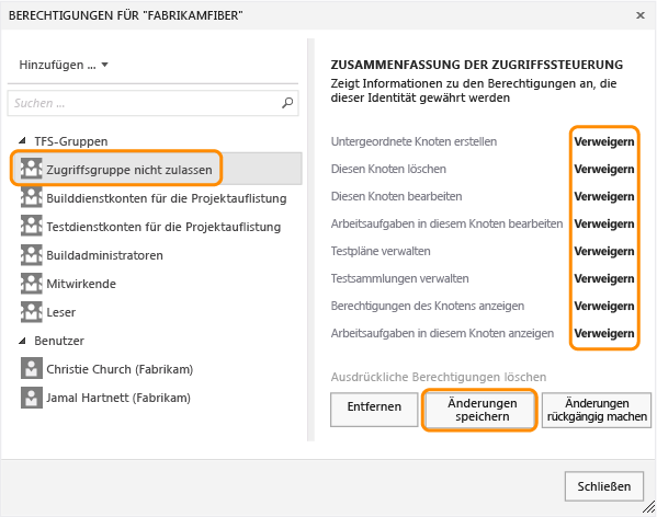 Berechtigungsseite für ein Teamprojekt