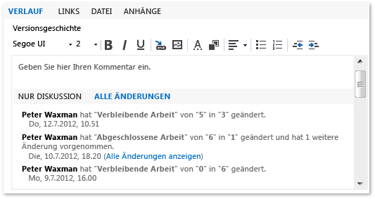 Registerkarte und Feld für den Verlauf in einem Arbeitsaufgabenformular