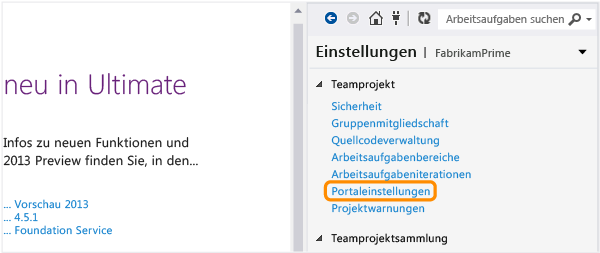 Seite mit Portaleinstellungen im Team Explorer öffnen