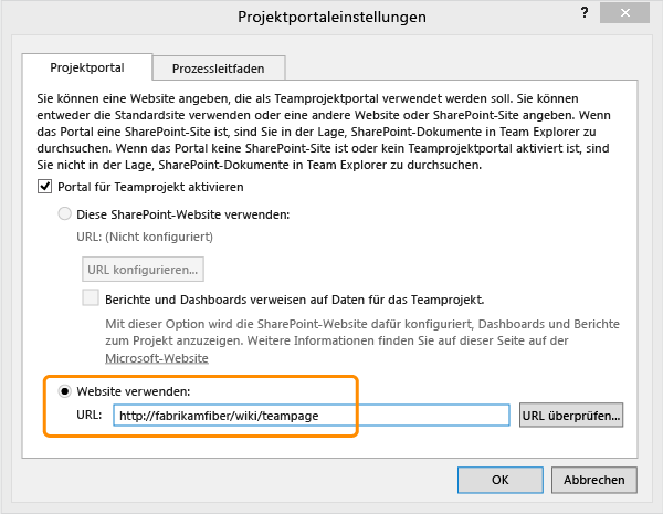 URL für Projektportalwebsite angeben