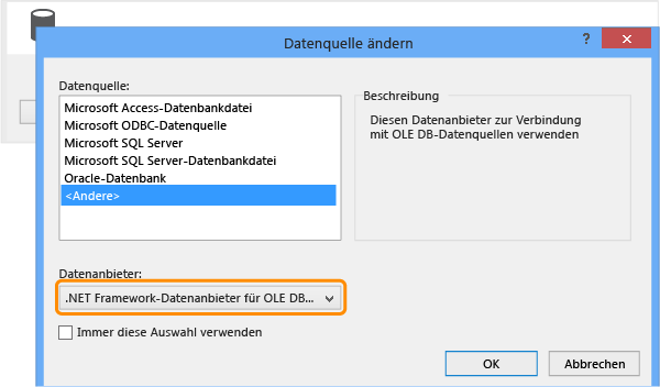 .NET Framework-Datenanbieter für OLE DB auswählen