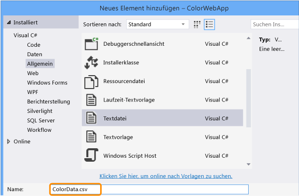 Nennen Sie die neue Textdatei "ColorData.csv"