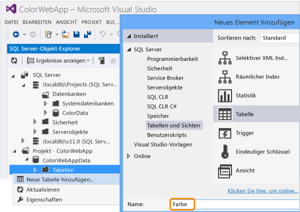Eine neue Tabelle zum Datenbankprojekt hinzufügen
