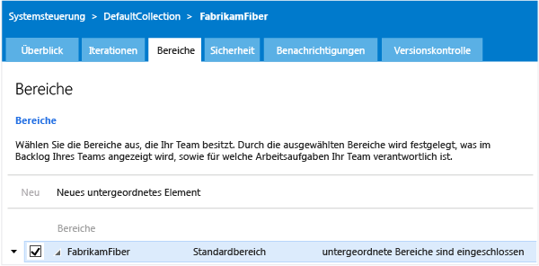 Bereichsseite für ein Teamprojekt, TWA-Verwaltungskontext