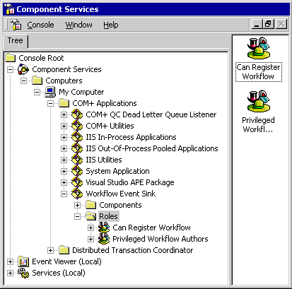 Screenshot of the Component Services console in MMC with the workflow event sink COM+ package installed