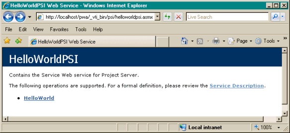 Viewing the HelloWorldPSI Web service