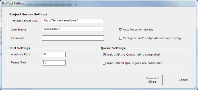 Using the ProjTool Settings dialog box