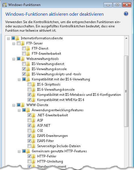 Erster Teil der Liste 'Windows-Features'