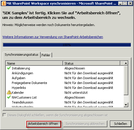 Arbeitsbereich in SharePoint Workspace 2010 öffnen