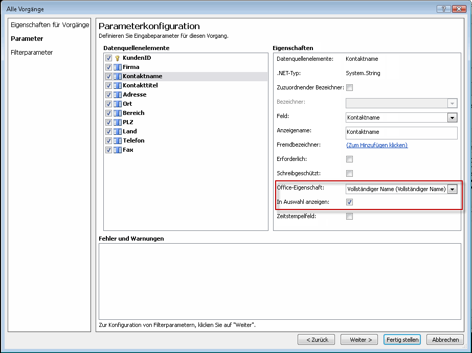 Zuordnen von Eigenschaften zu Outlook-Kontaktelementfeldern