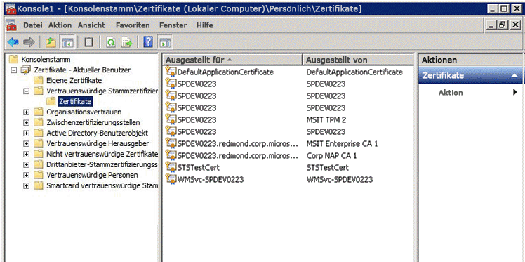 MMC mit angezeigtem 'STSTestCert'